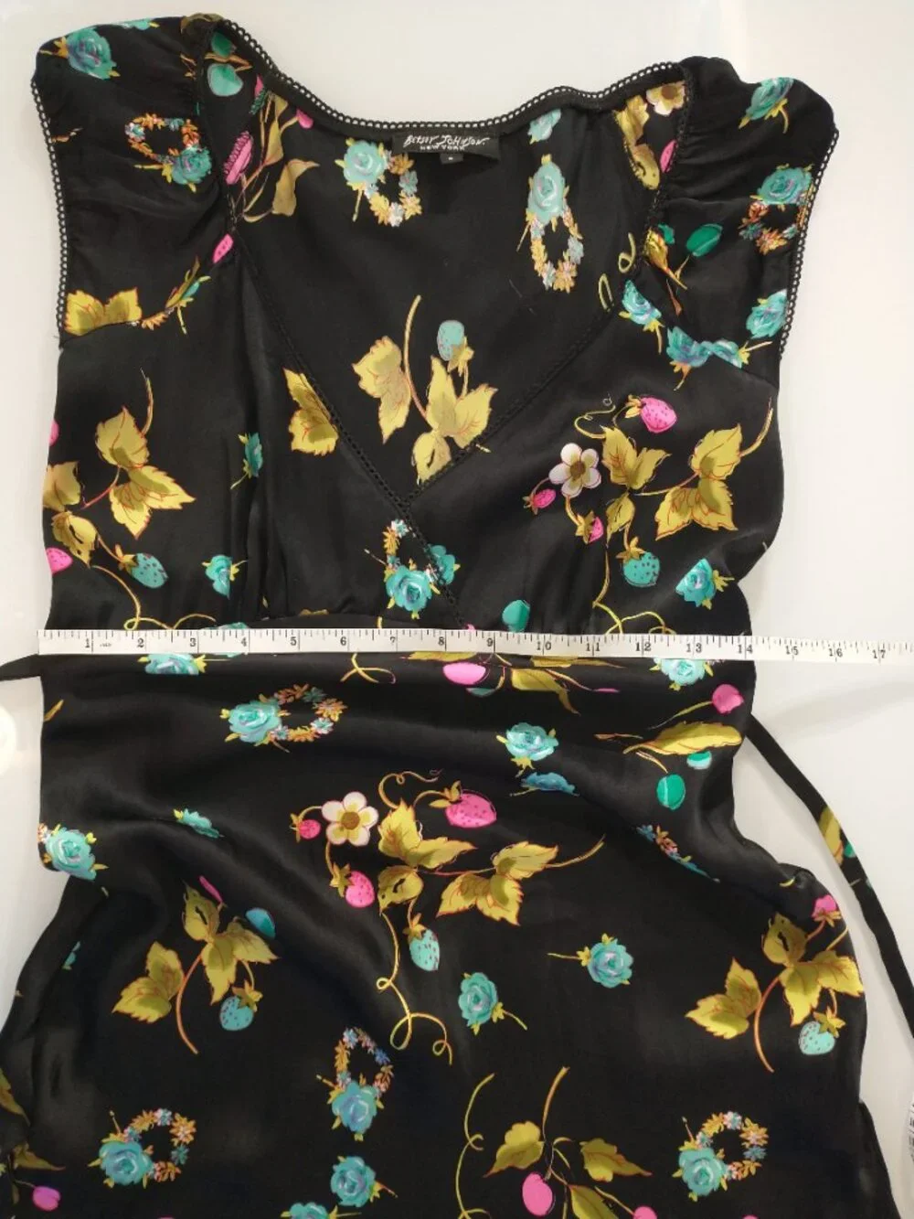 VTG 90s Betsey Johnson Black Silk Cherry Strawberry Floral Fruit Slip Midi Dress